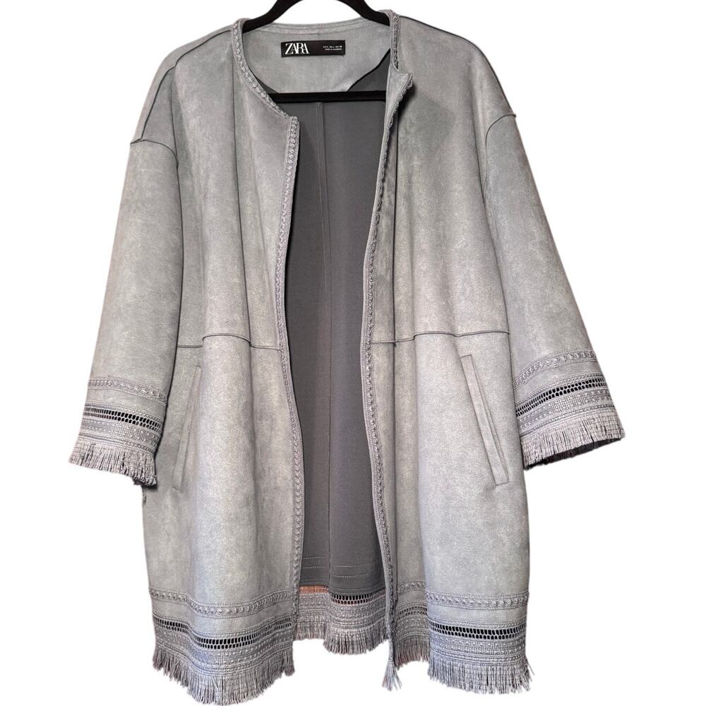 Zara L Steel Blue Faux Suede Open Front Jacket Fringe Boho Western Retro - Picture 2 of 9